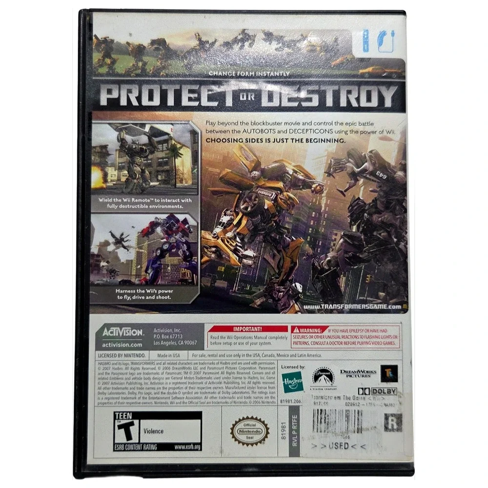Transformers The Game Nintendo Wii Video Activision Action Adventure 2007‎